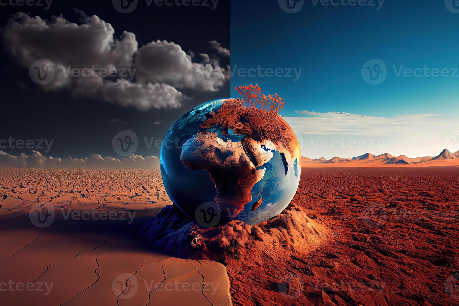 Earth on a background of grass and clouds versus a ruined Earth on a background of a dead desert. photo