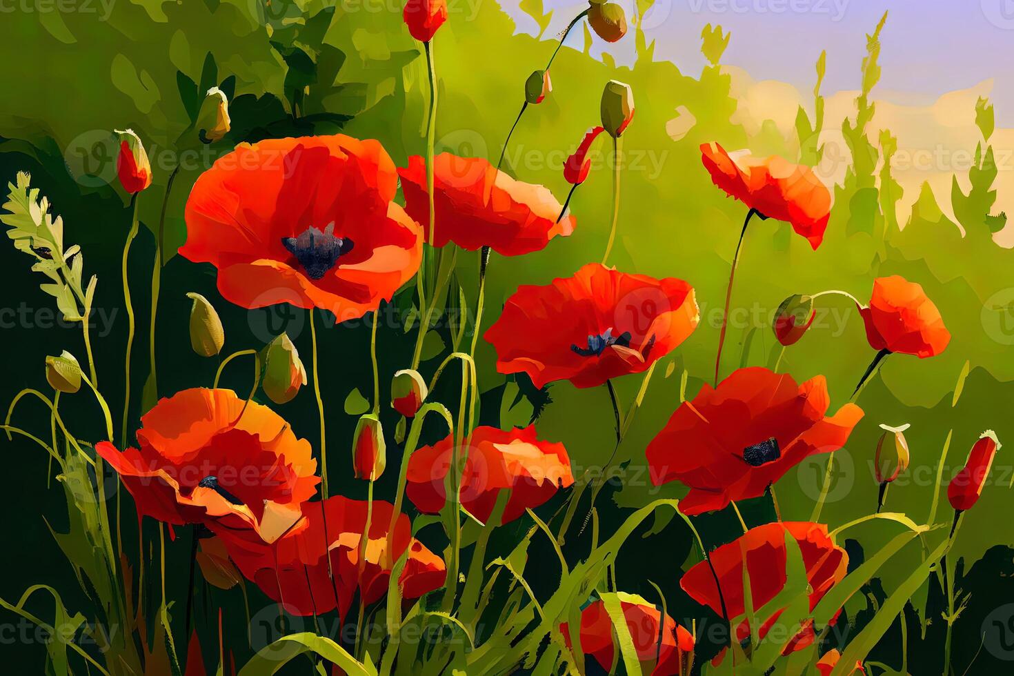 Wonderful poppy flowers in the field in spring. photo