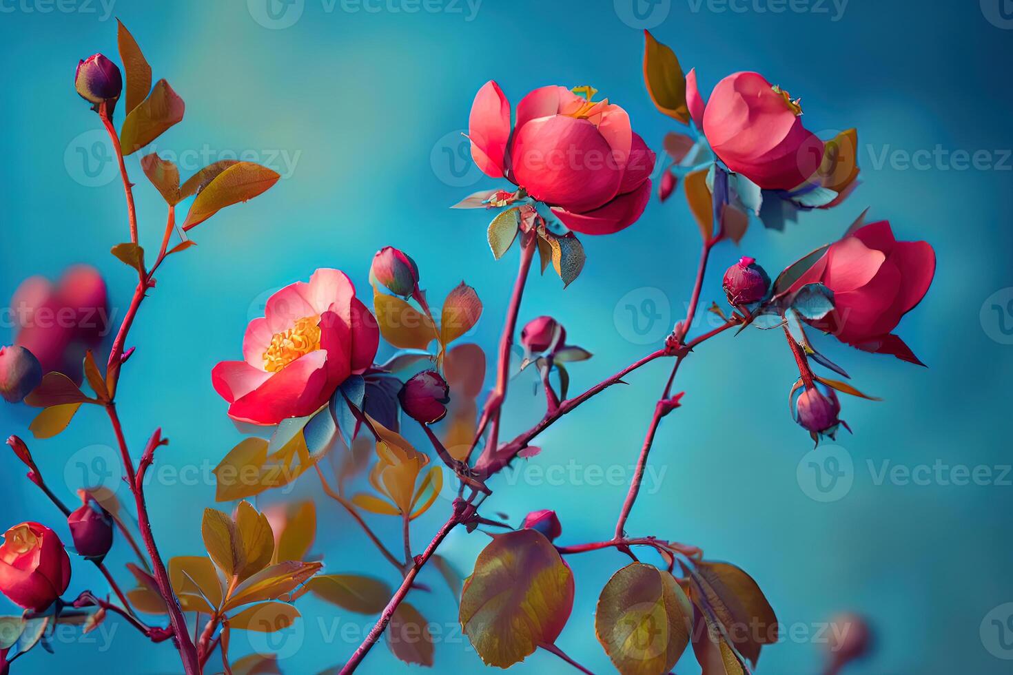 Flowering rose hips against the blue sky. photo