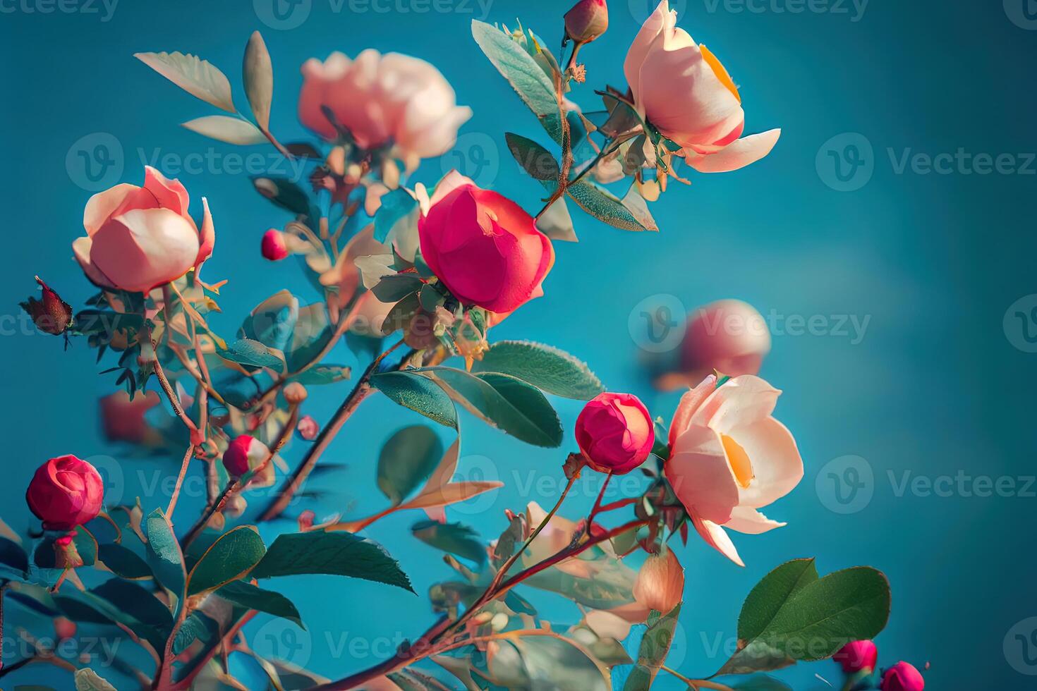 Flowering rose hips against the blue sky. photo