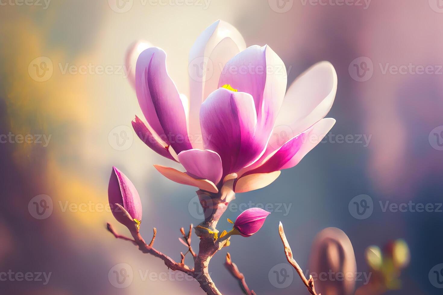 Twig with blooming pink magnolia flower. photo