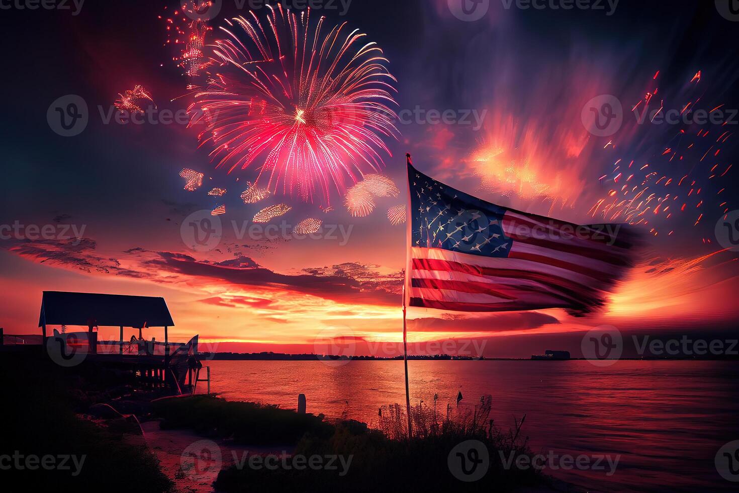 americano celebracion - Estados Unidos bandera y fuegos artificiales a puesta de sol. generativo ai foto