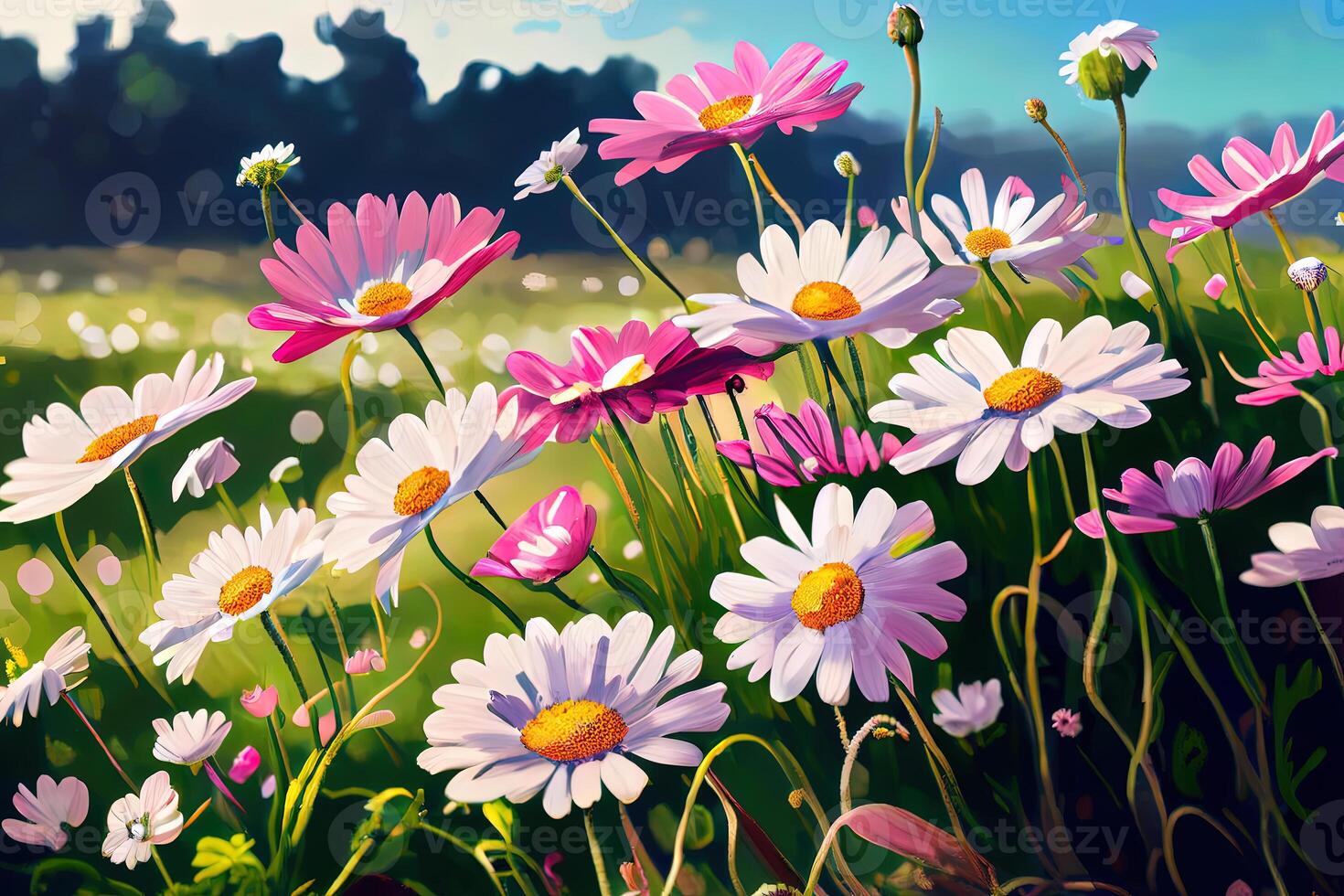 Meadow with lots of white and pink spring daisy flowers in sunny day. photo
