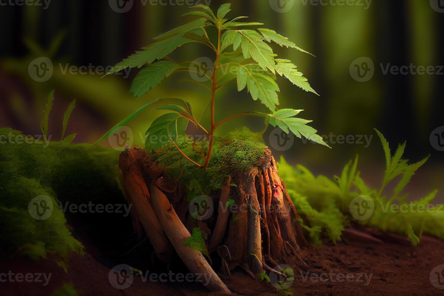 Exceptional Young rowan tree seedling grow from old stump in Poland forest. photo
