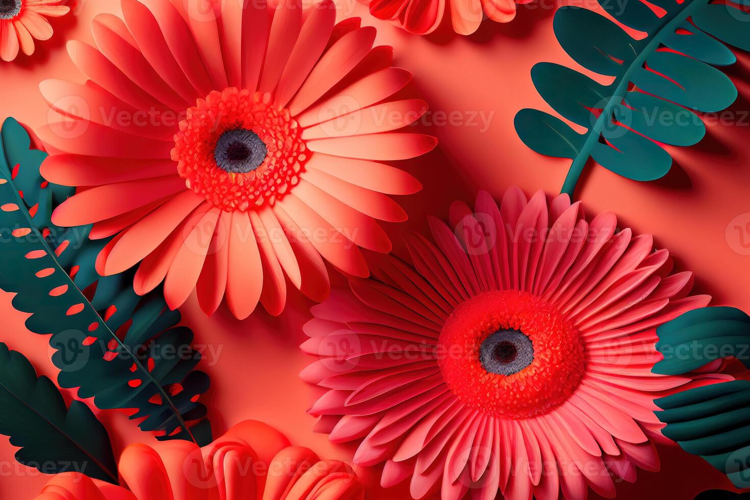 Floral flat lay greeting card template with beautiful gerberas. photo
