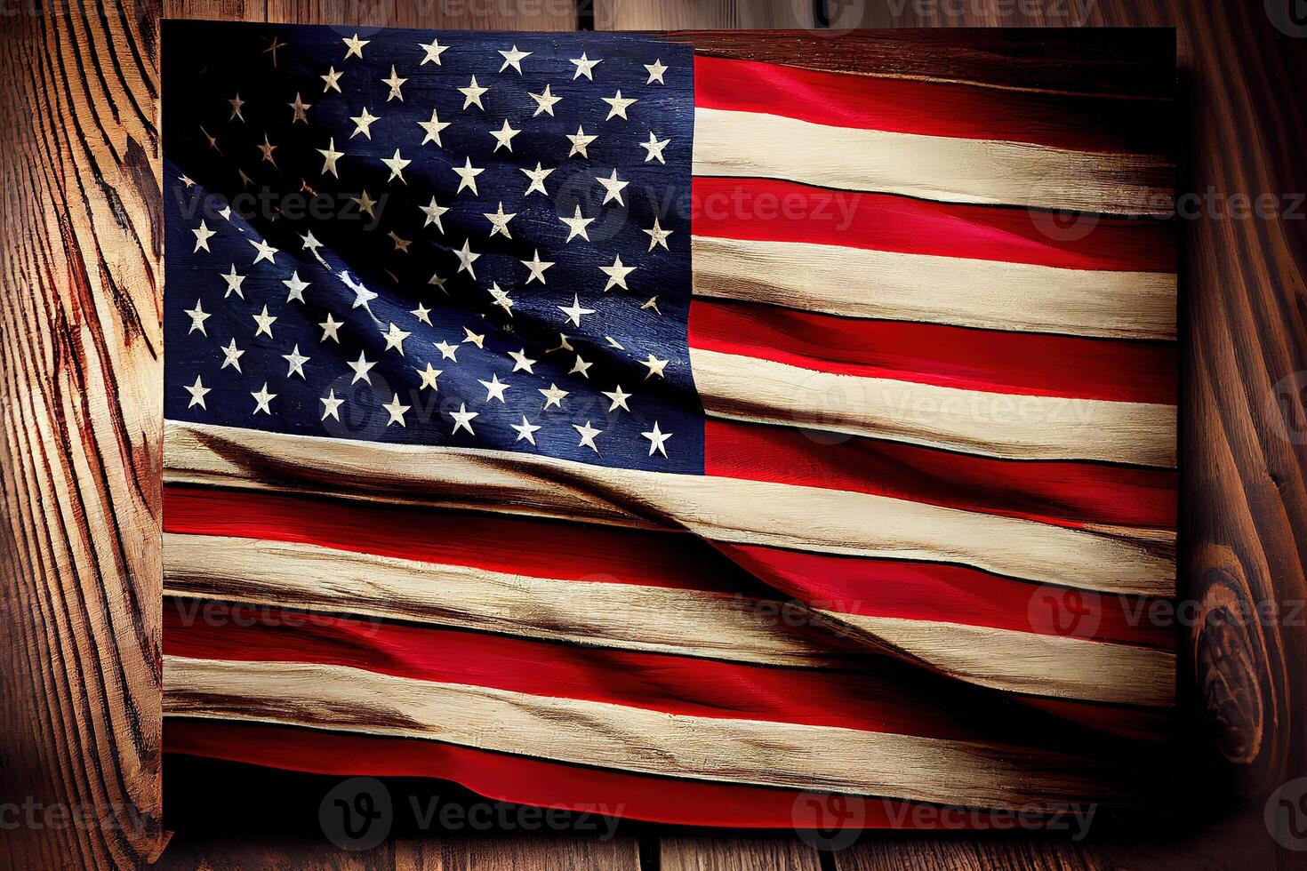 United States Flag On Wooden Background. photo