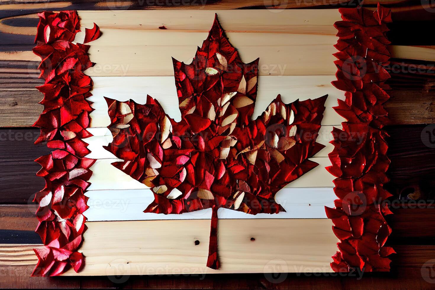 Canadian Flag made out of real Maple Leaves on a Cedar backing. photo