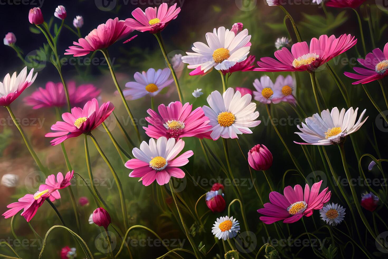 Meadow with lots of white and pink spring daisy flowers. photo