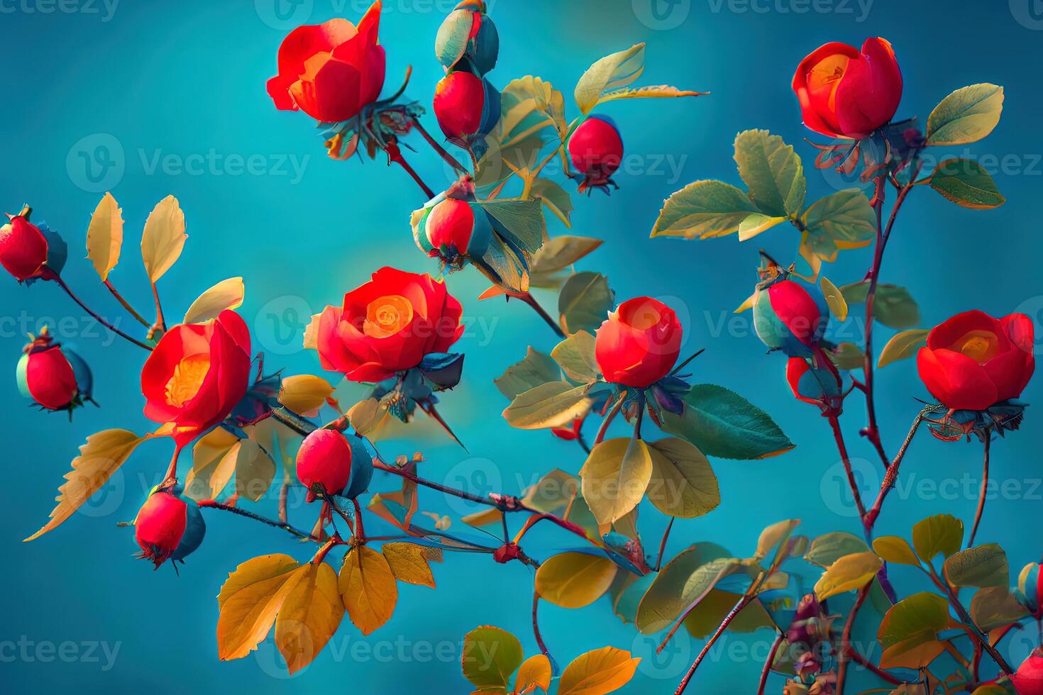 Beautiful spring border, blooming rose bush on a blue background. photo