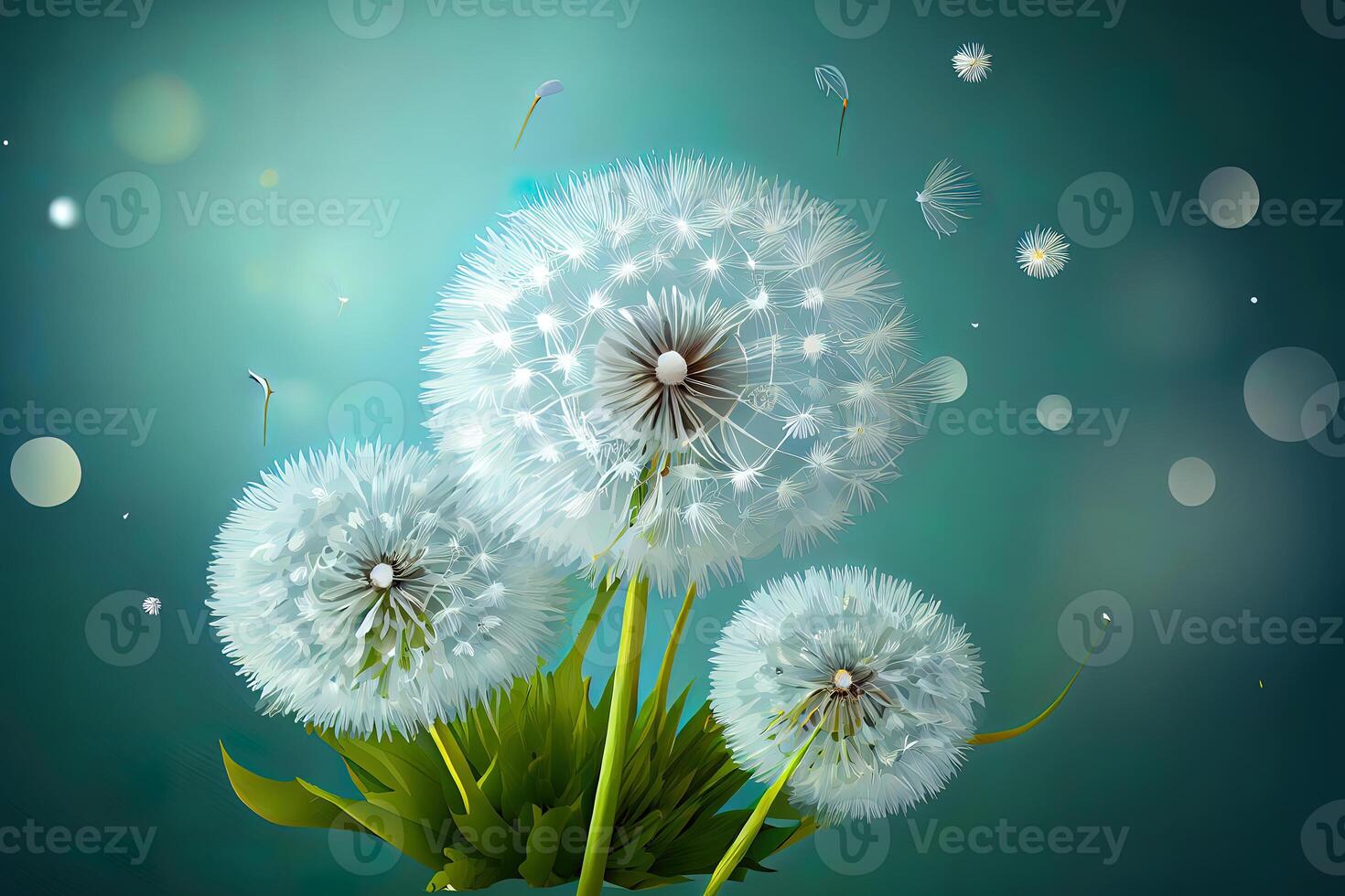 of spring background with white dandelions. photo