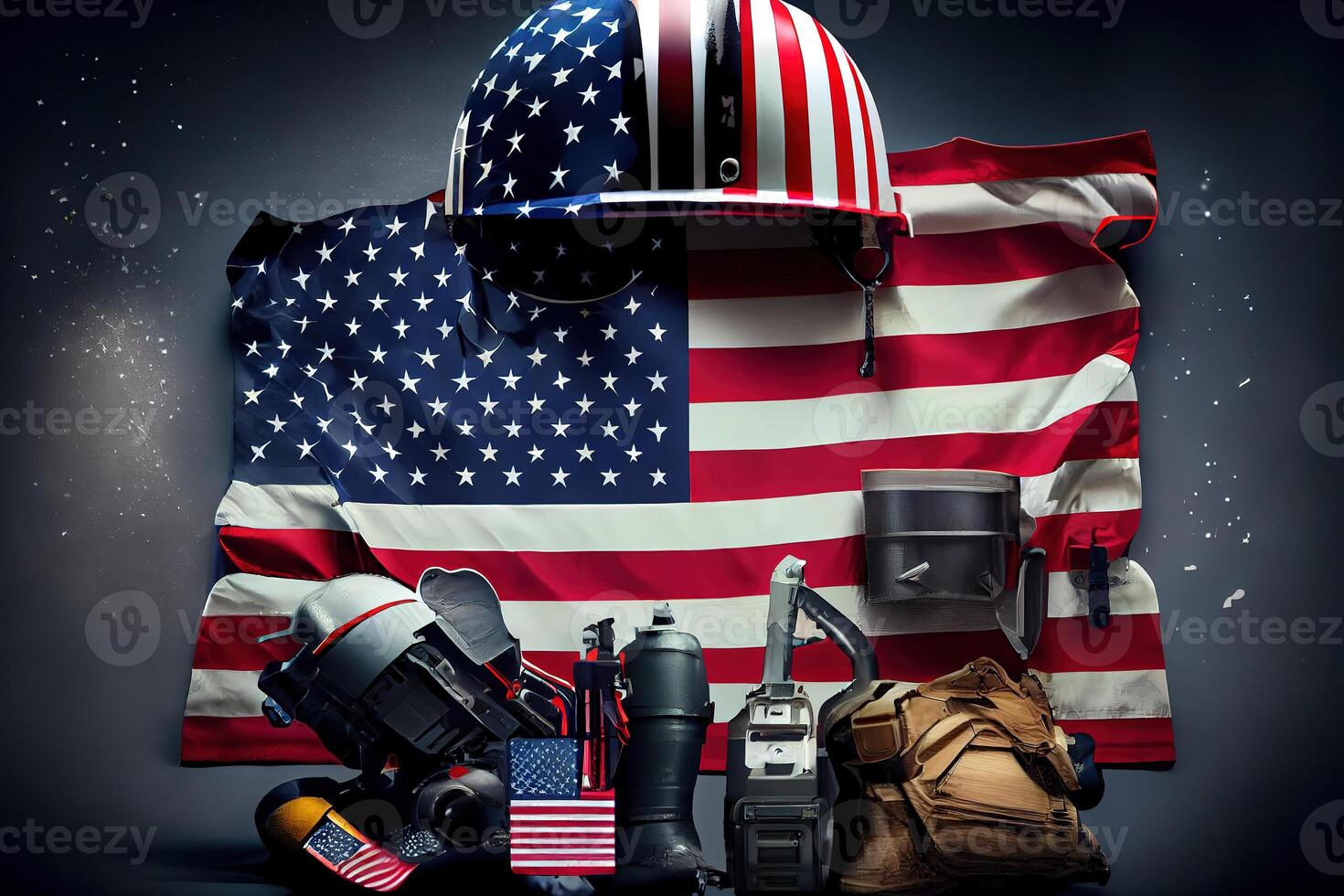 United States of America with worker tools, American big flag. photo