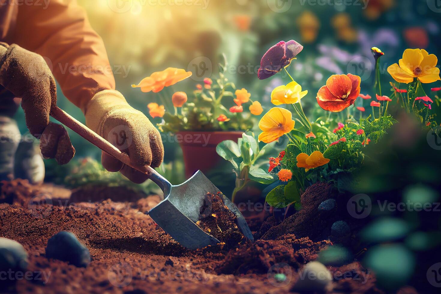 Person watering pot flowers close up photography. photo