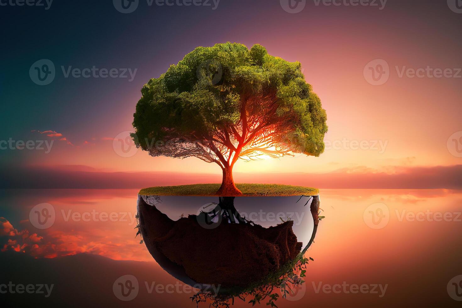 Panorama small tree growing with sunrise. green world and earth day concept. photo