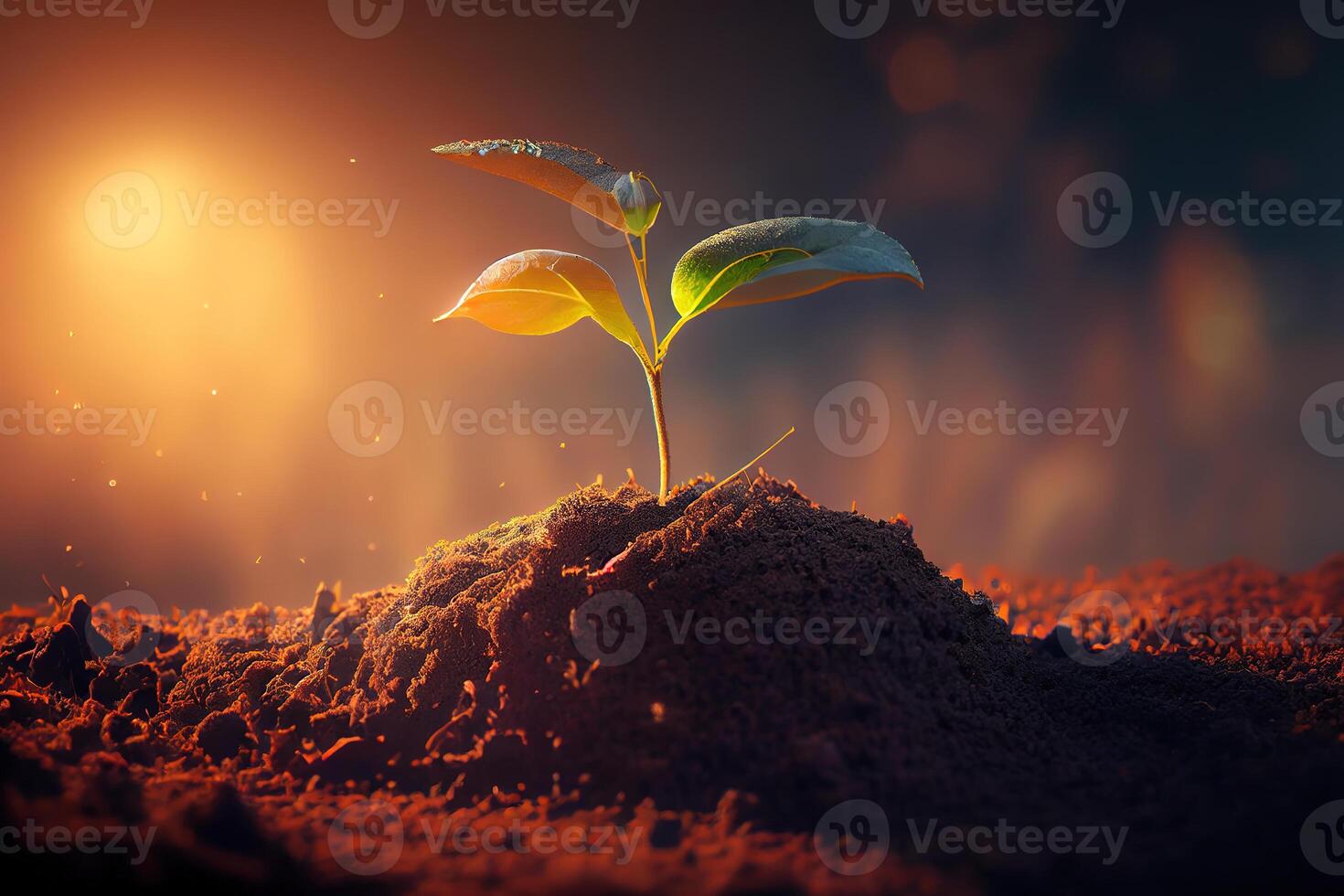 Seeding are growing in the soil with backdrop of the sunlight. photo