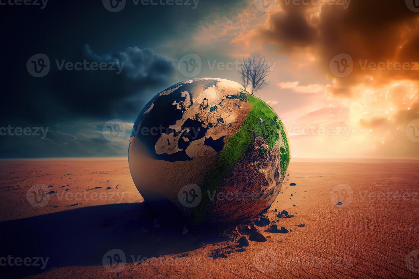 Earth on a background of grass and clouds versus a ruined Earth on a background of a dead desert. photo