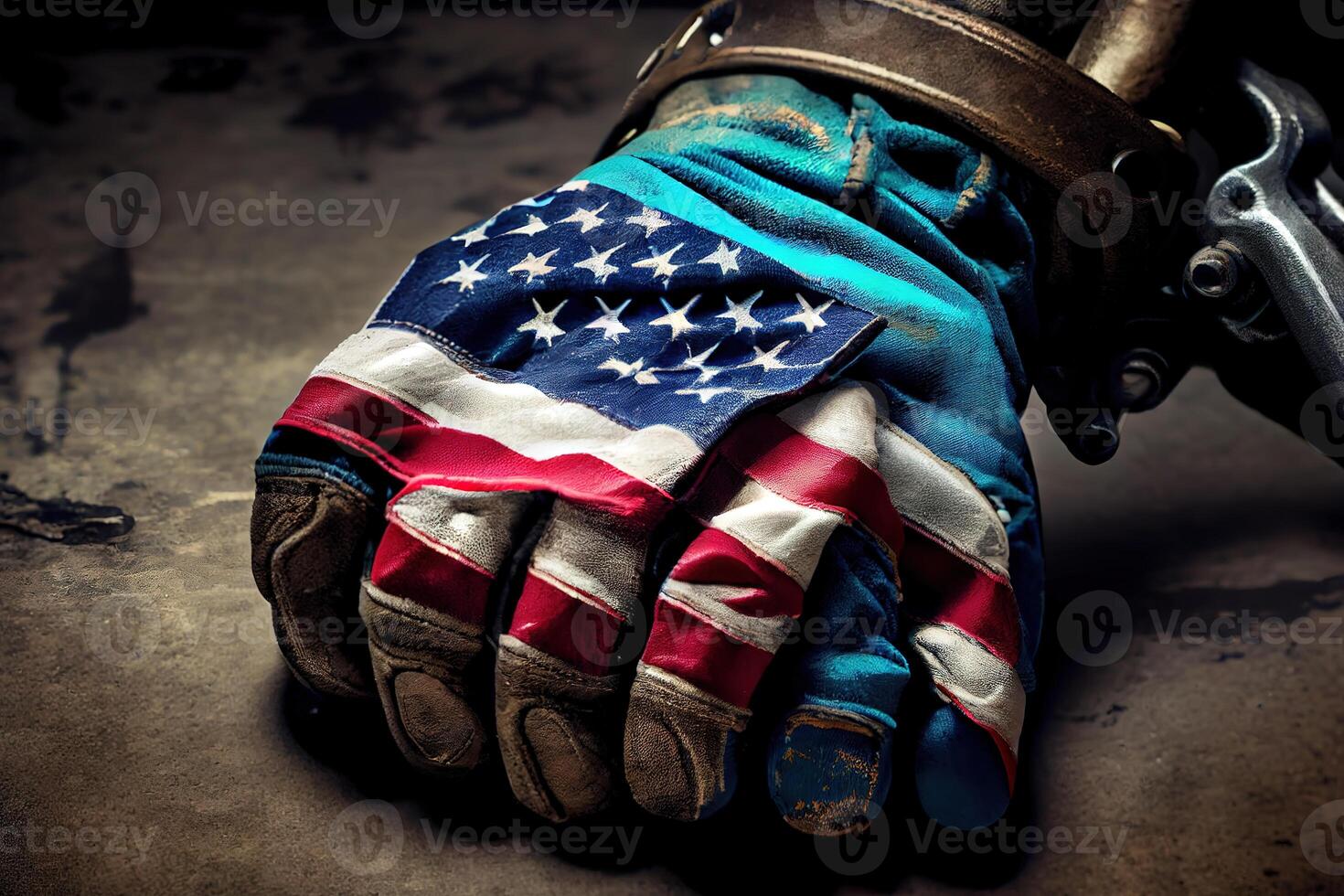 Worn work glove holding old wrench and US American flag. photo