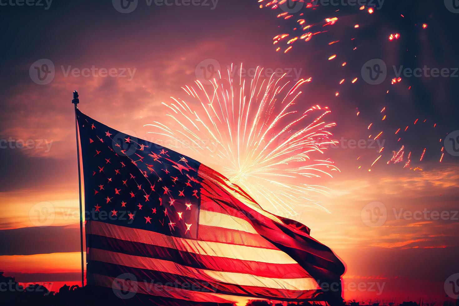 American flag on background of city with skyscrapers. photo