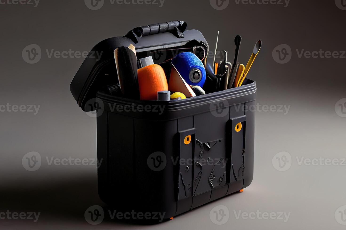 Plastic Black Container With Many Tools. photo