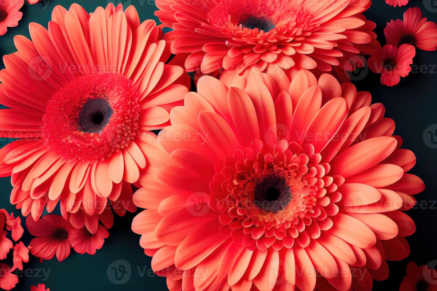 Floral flat lay greeting card template with beautiful gerberas. photo