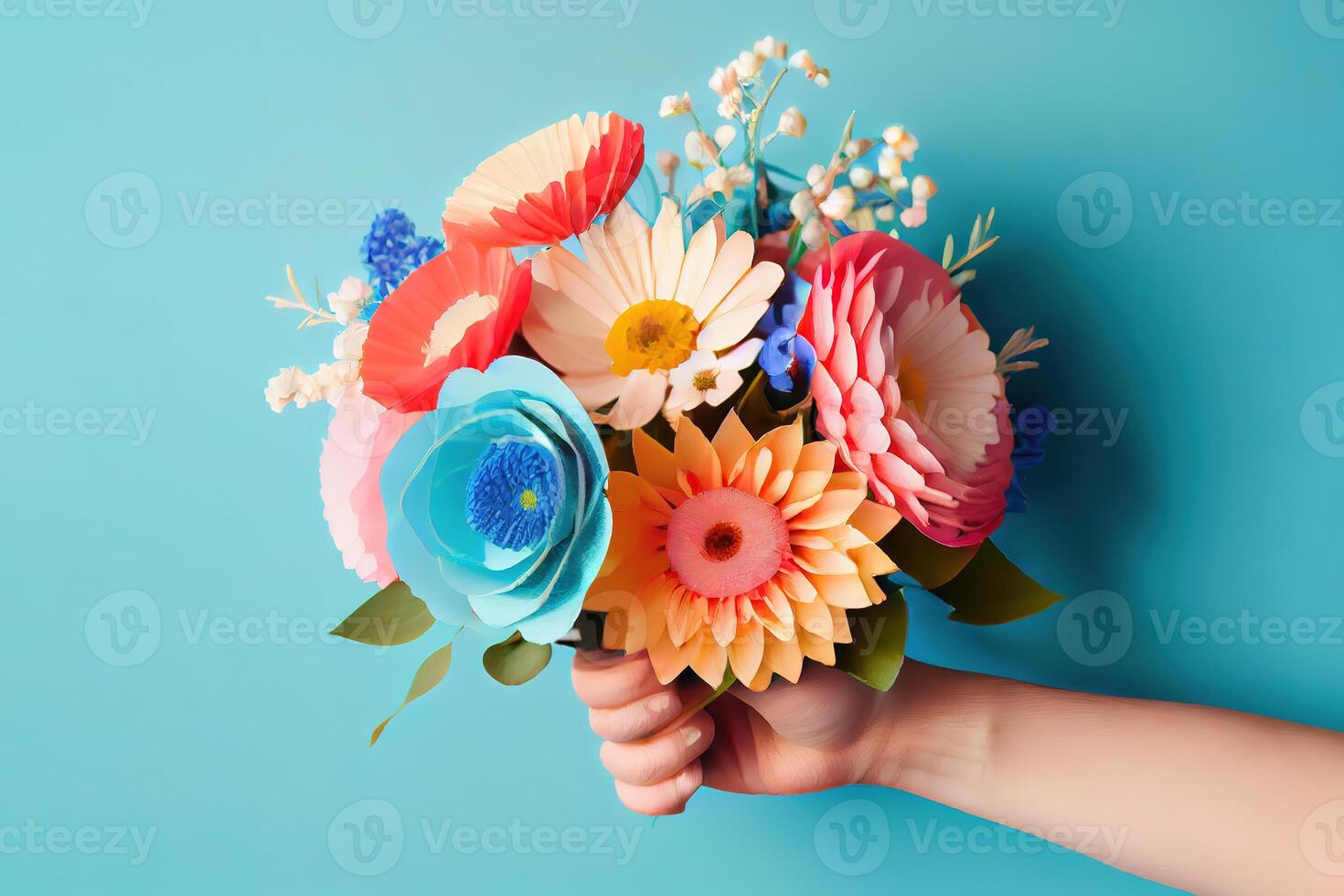 Man holding beautiful flower bouquet on blue background. photo