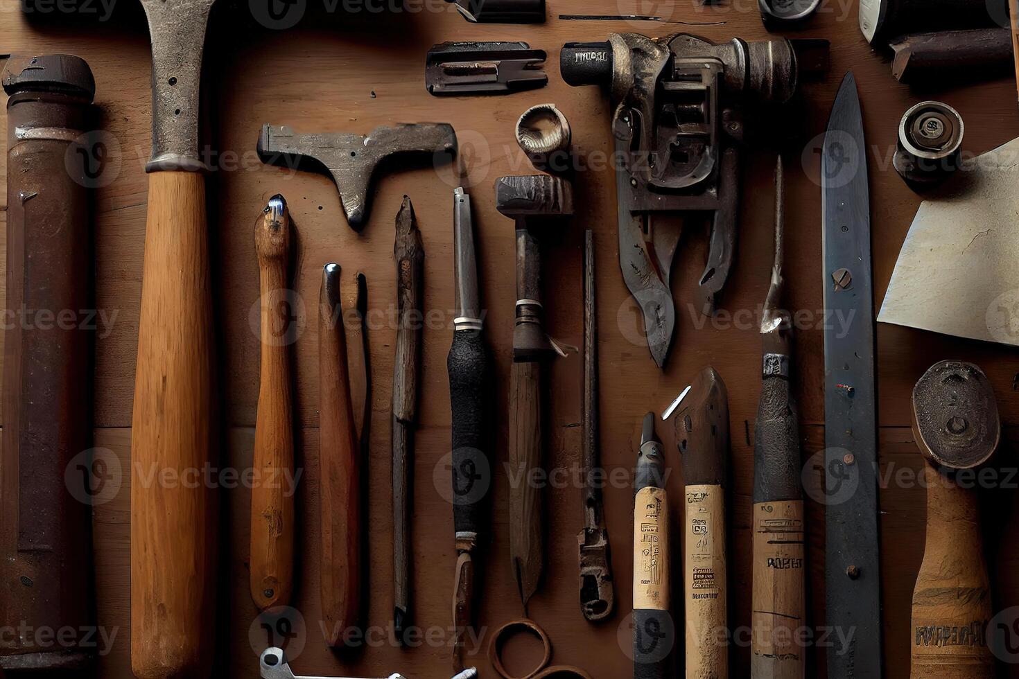 Crate with different carpenter's tools on wooden table. photo