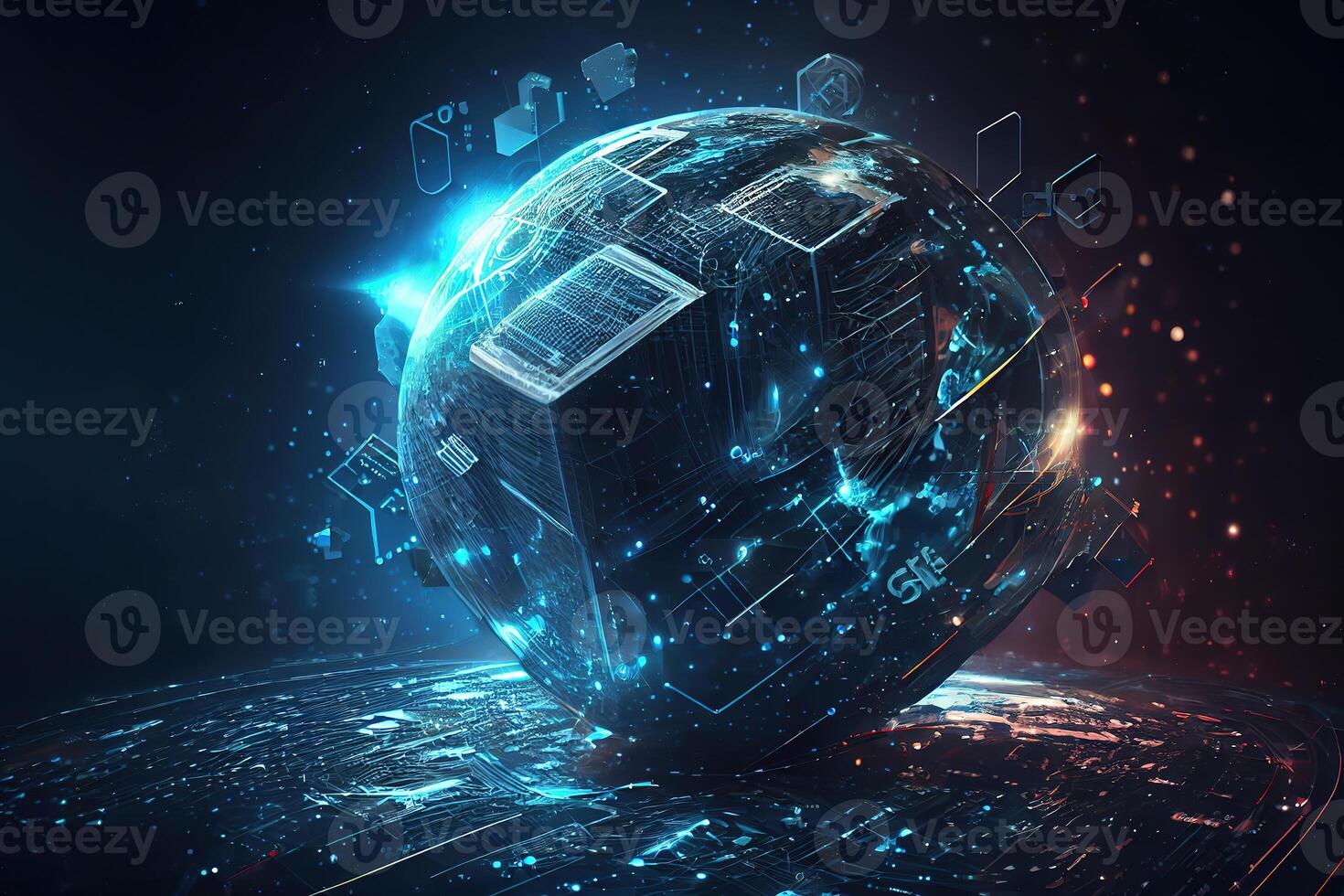Future of global social network technology with blue abstract technology background. photo