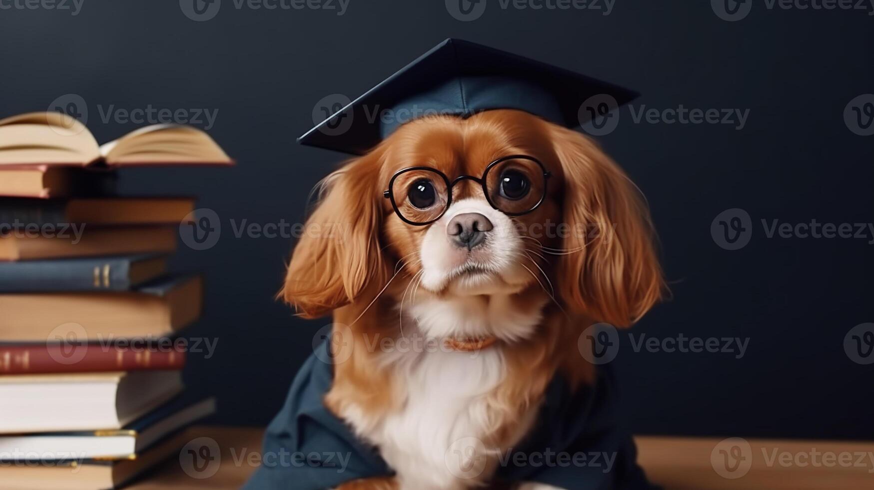 Cute small ginger white dog Cavalier King Charles Spaniel student in glasses and an academic cap Mortarboard next to books Study and education concept photo