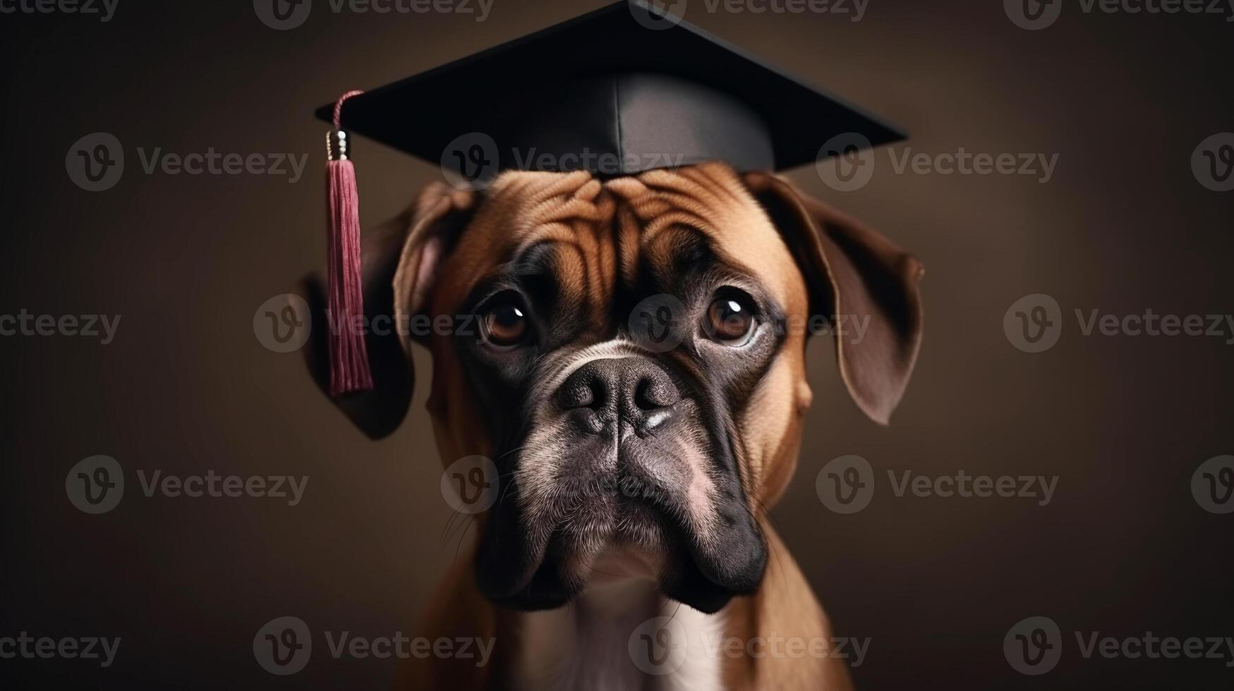 Cute dog red fawn boxer student in academic cap with red tassel Mortarboard next to books against dark background Study and education concept photo