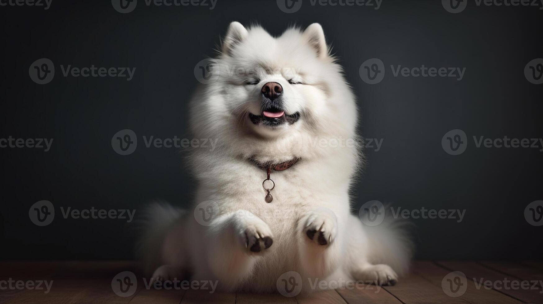Cute cheerful white fluffy spitz dog stretching front paws against the background of black wall photo