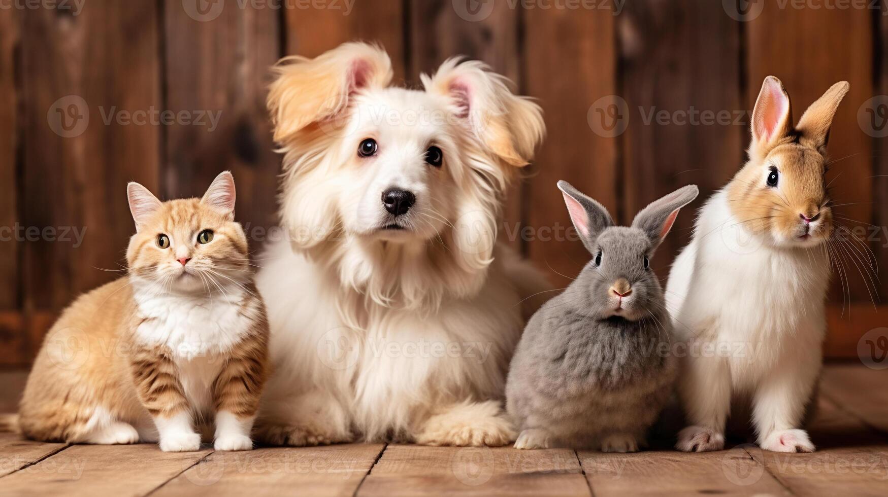 two rabbits, cute fluffy dog and red ginger cat sitting side by side in shelter pet adoption concept photo