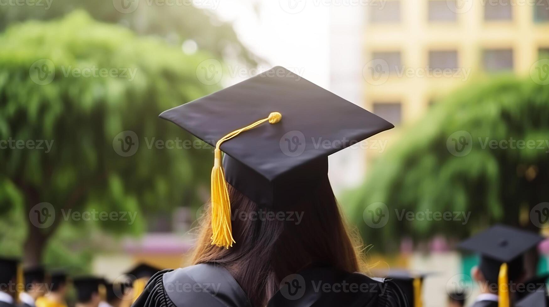 rear view of Girl or young woman in black academic cap and gown and other students on background of university or college at graduation ceremony Education concept photo