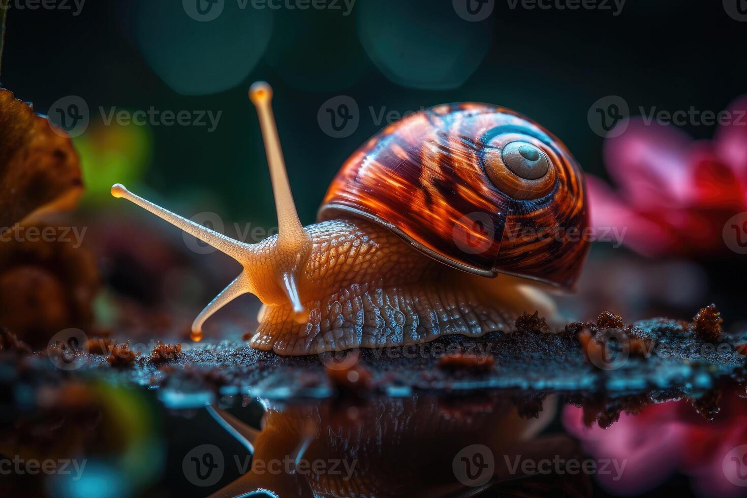 A slow grape snail crawls in the forest. Bokeh in the background. photo