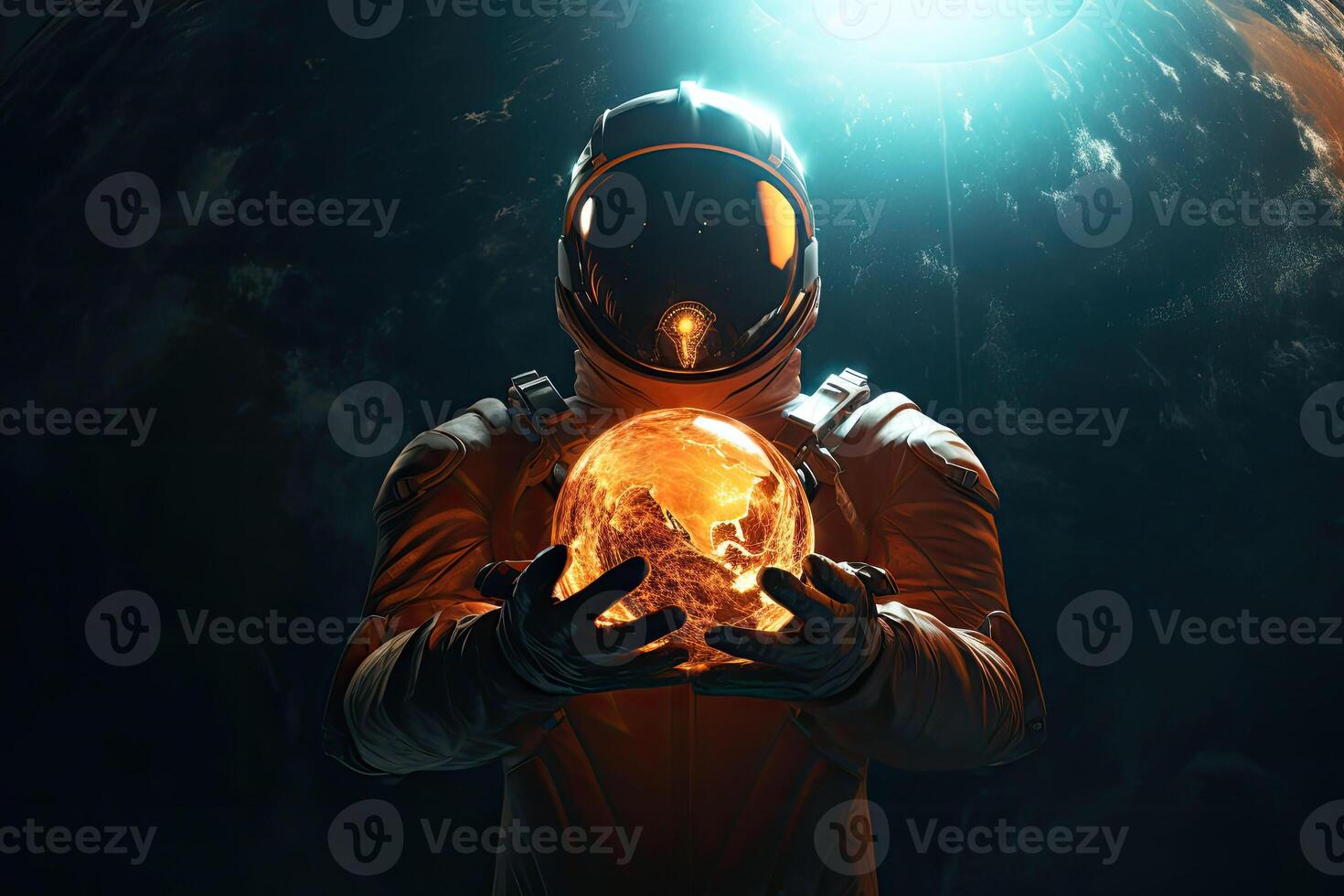 An astronaut holds a glowing ball in his hands. Mysterious background. photo