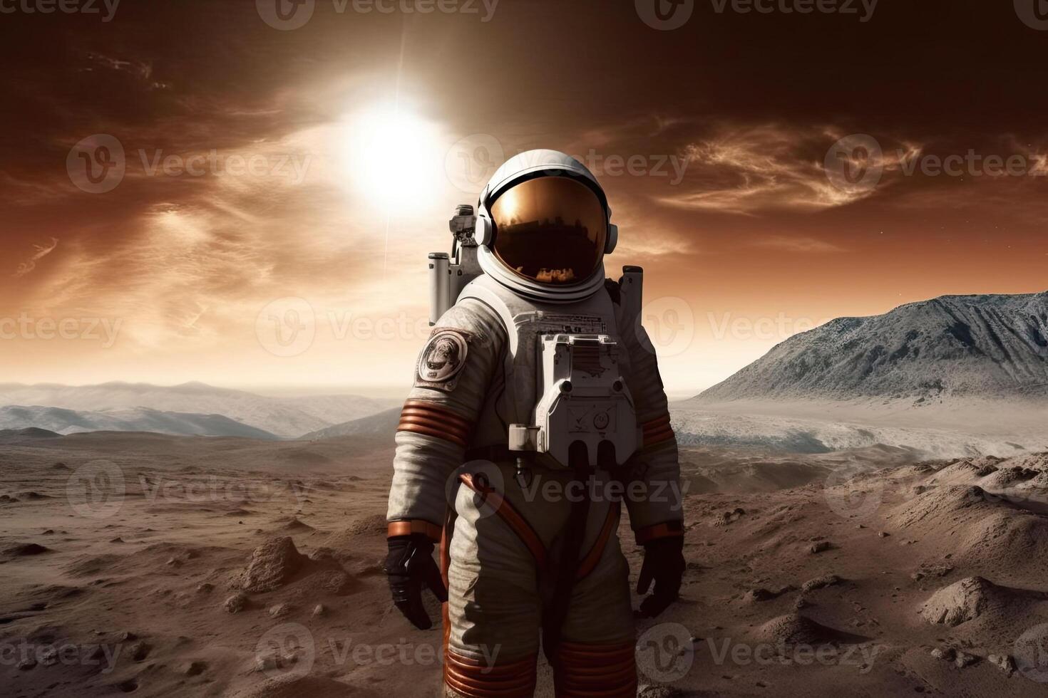 The astronaut in space suit walking on planet. Exploration of the planet's surface. photo