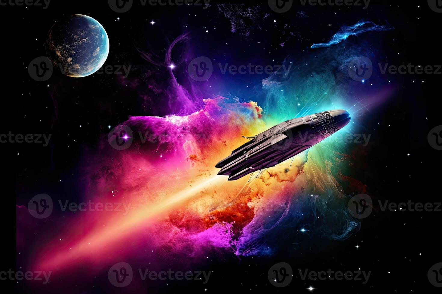 A spaceship fly around the moon. A nebula on the background in bright neon colors. photo