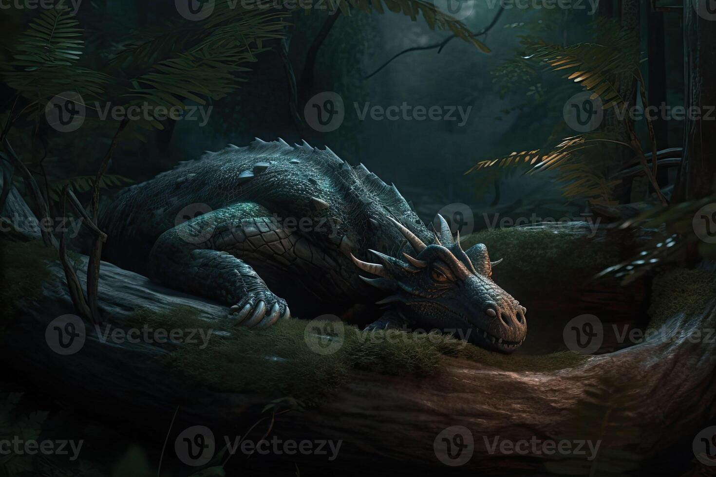 A mighty forest dragon sleeps in the sunlight, in the middle of an ancient forest. photo