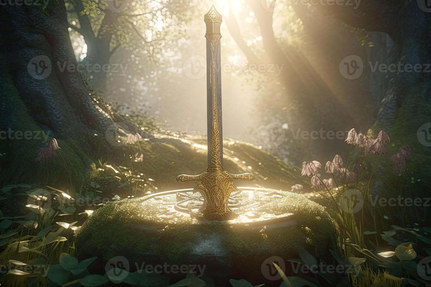 Magic sword in the stone. Medieval sword of legend, magic and power. photo