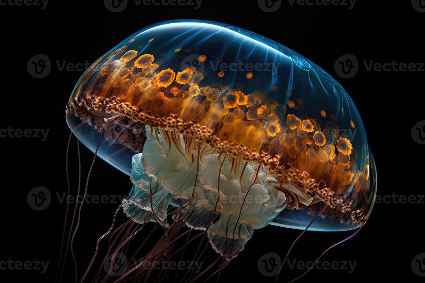 Jellyfishes swimming in the sea. Beautiful illuminated jellyfish. photo