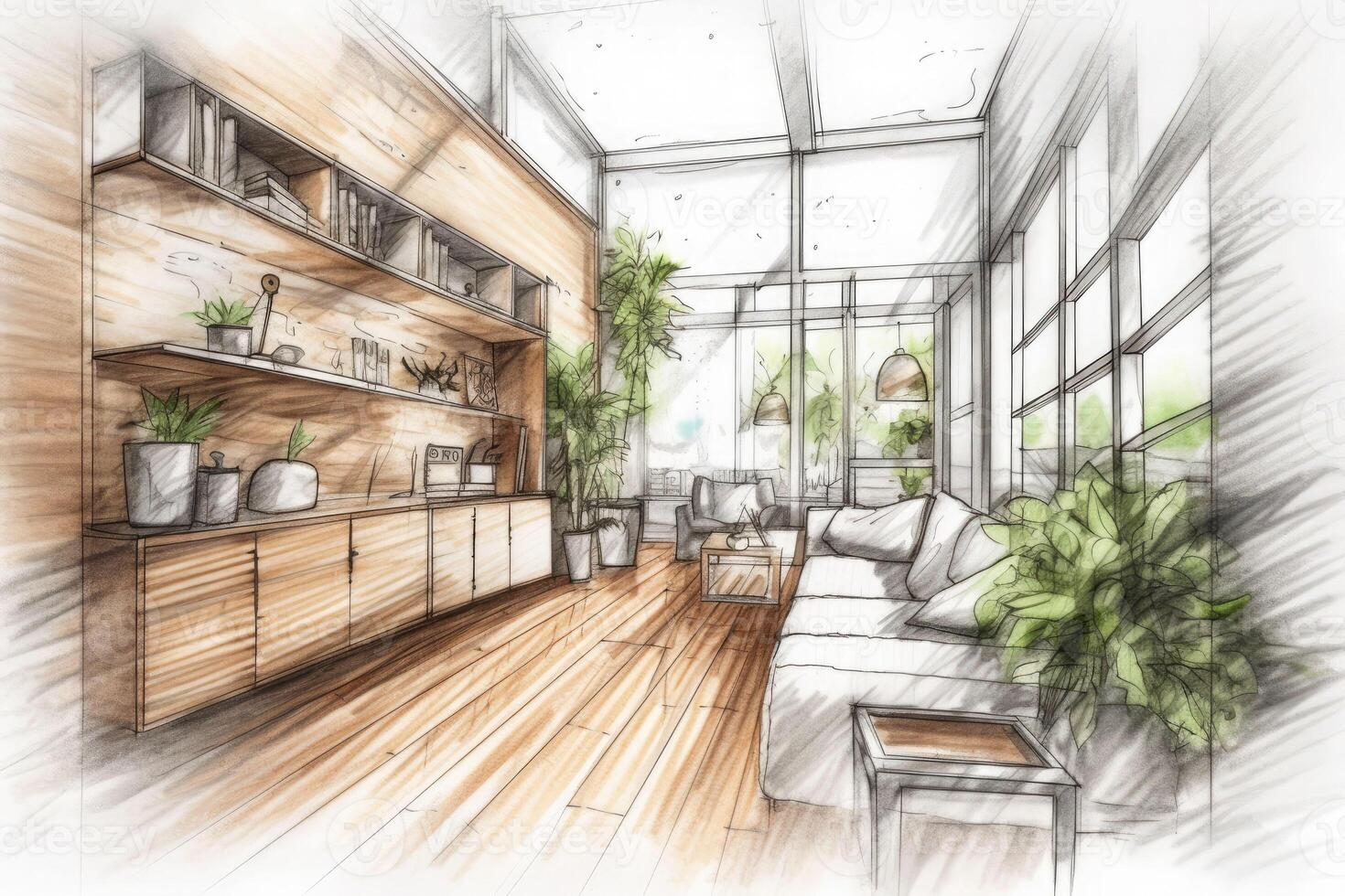 Detail focused hand drawn sketch of the interior of a sleek modern home