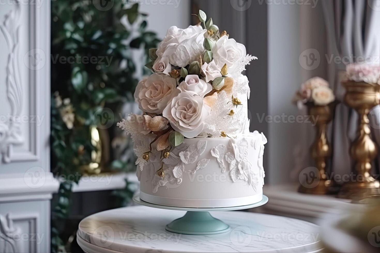 The ornate wedding cake with flowers and berries in modern interior. photo