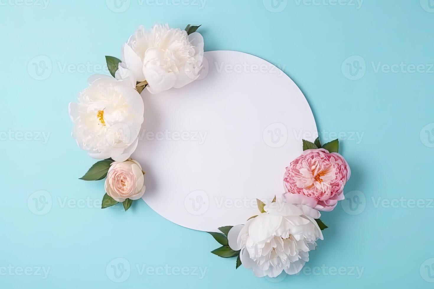 el parte superior ver flatlay ilustración de un blanco circulo con peonía y rosas. generativo ai foto