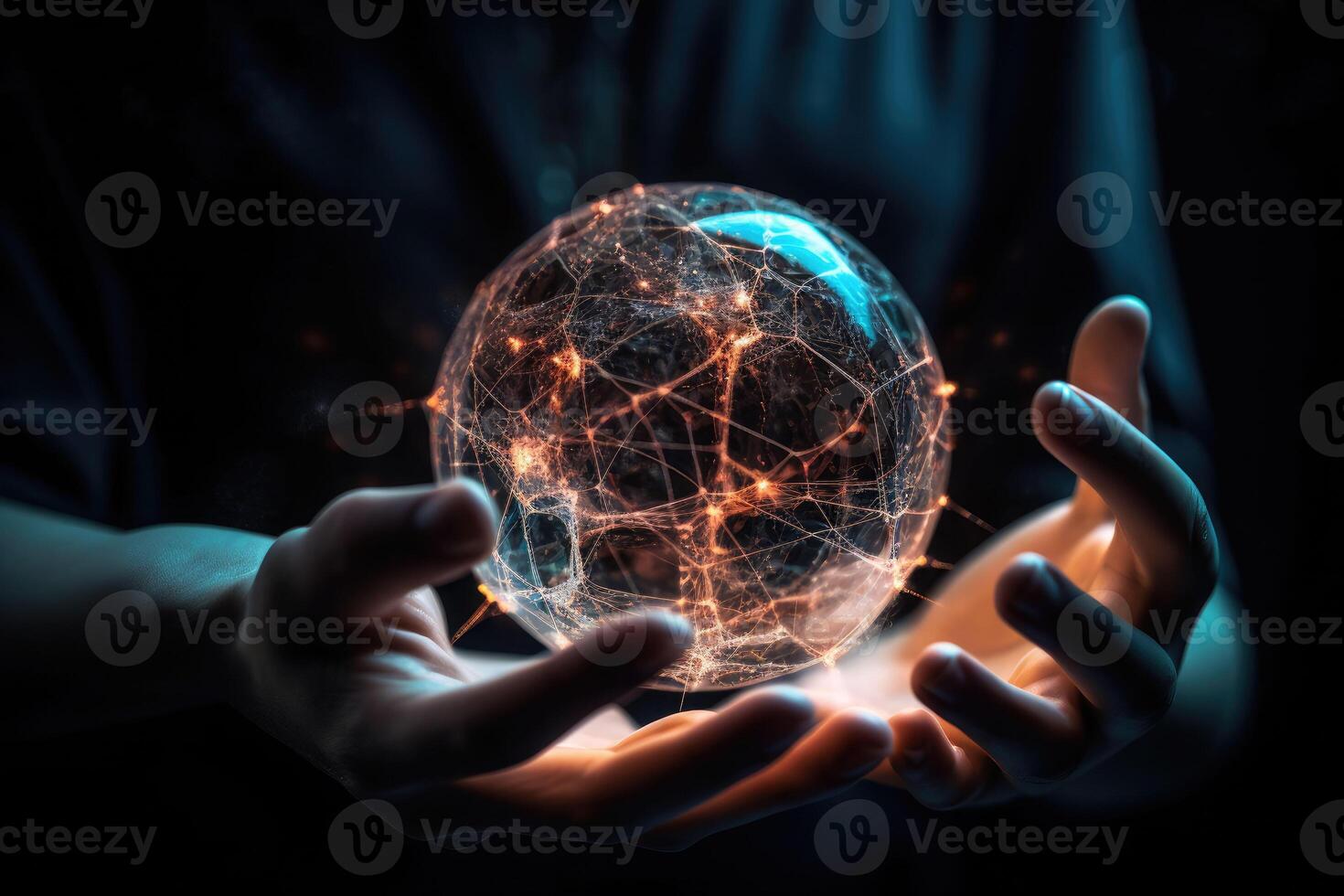 Artificial intelligence development for future of people living. Two hands hold a glowing ball of energy. photo