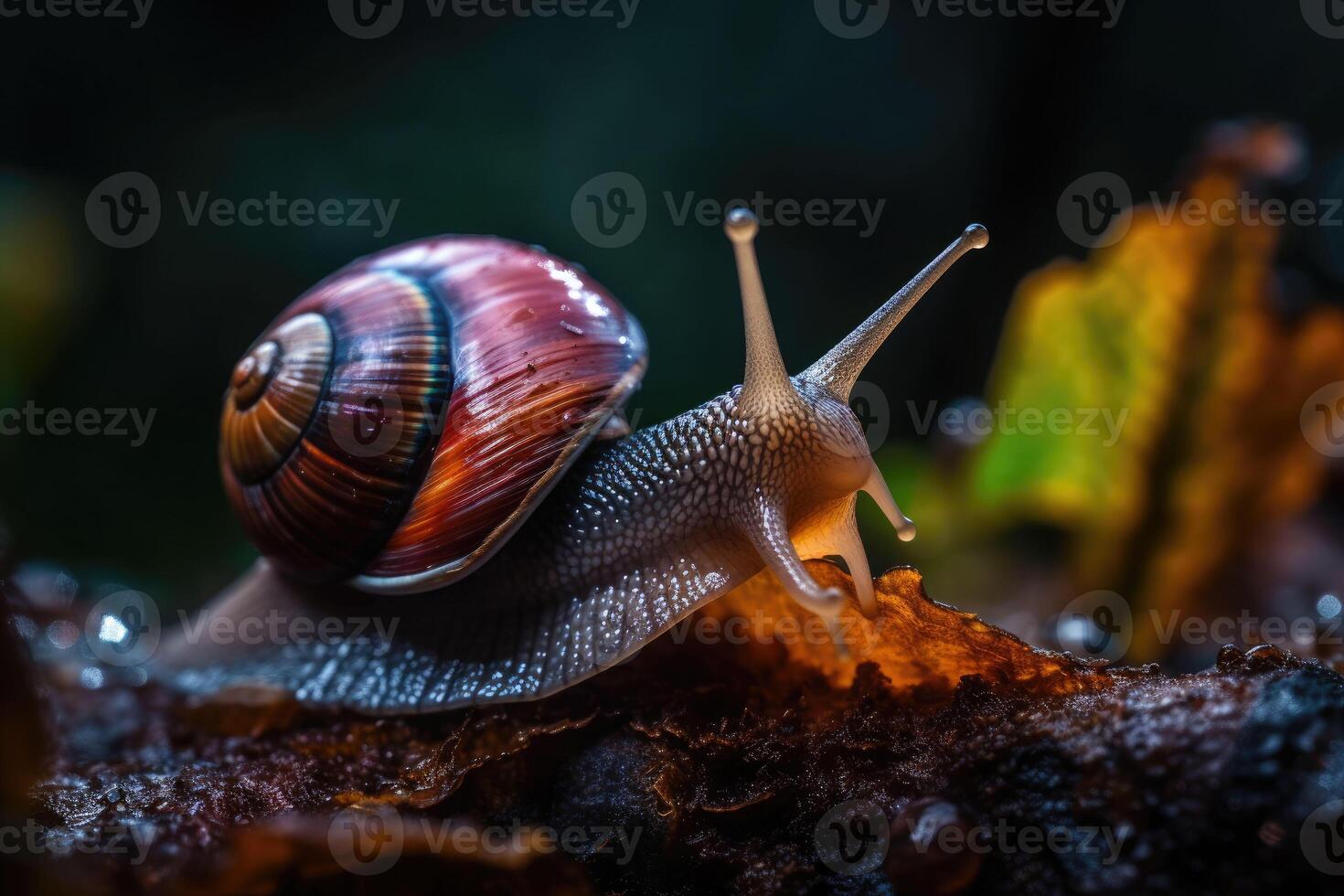 A slow grape snail crawls in the forest. Bokeh in the background. photo
