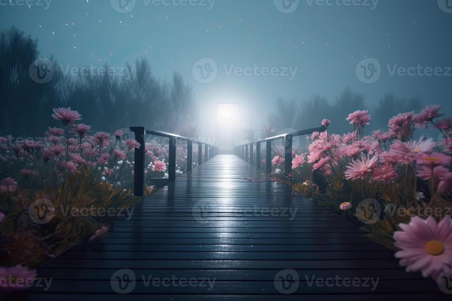 Flower wonderland with a boardwalk. Foggy background. photo