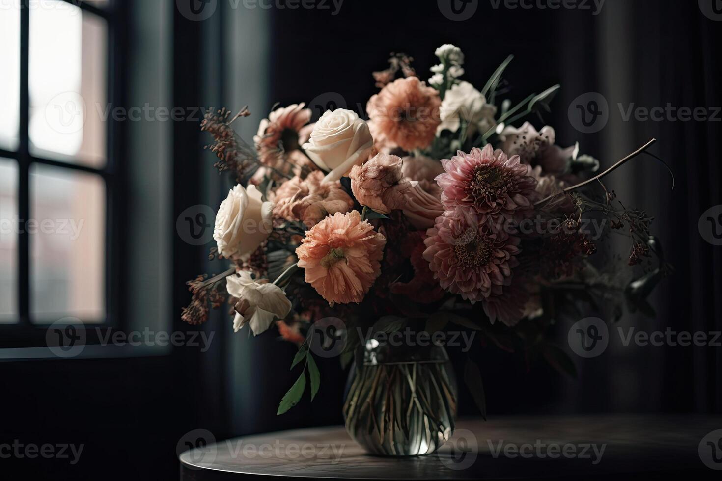 Rich bunch of peonies, eustoma, roses flowers, green leaf. Fresh bouquet closeup. photo