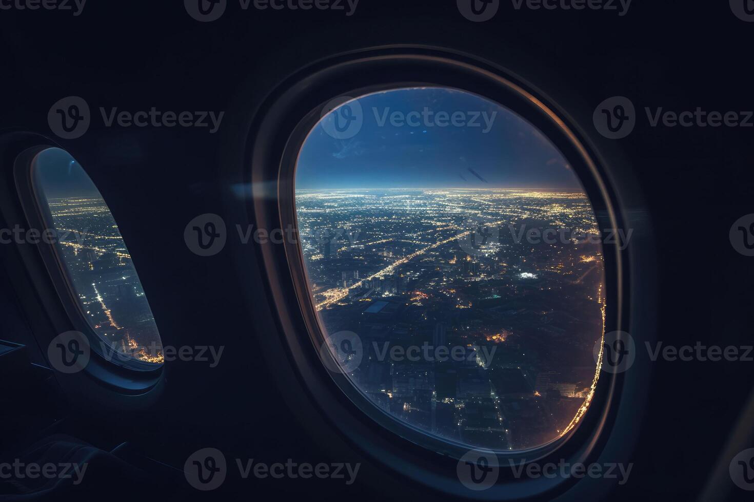 View of the night city from the airplane window. Night cityscape. Travel and tourism concept. photo