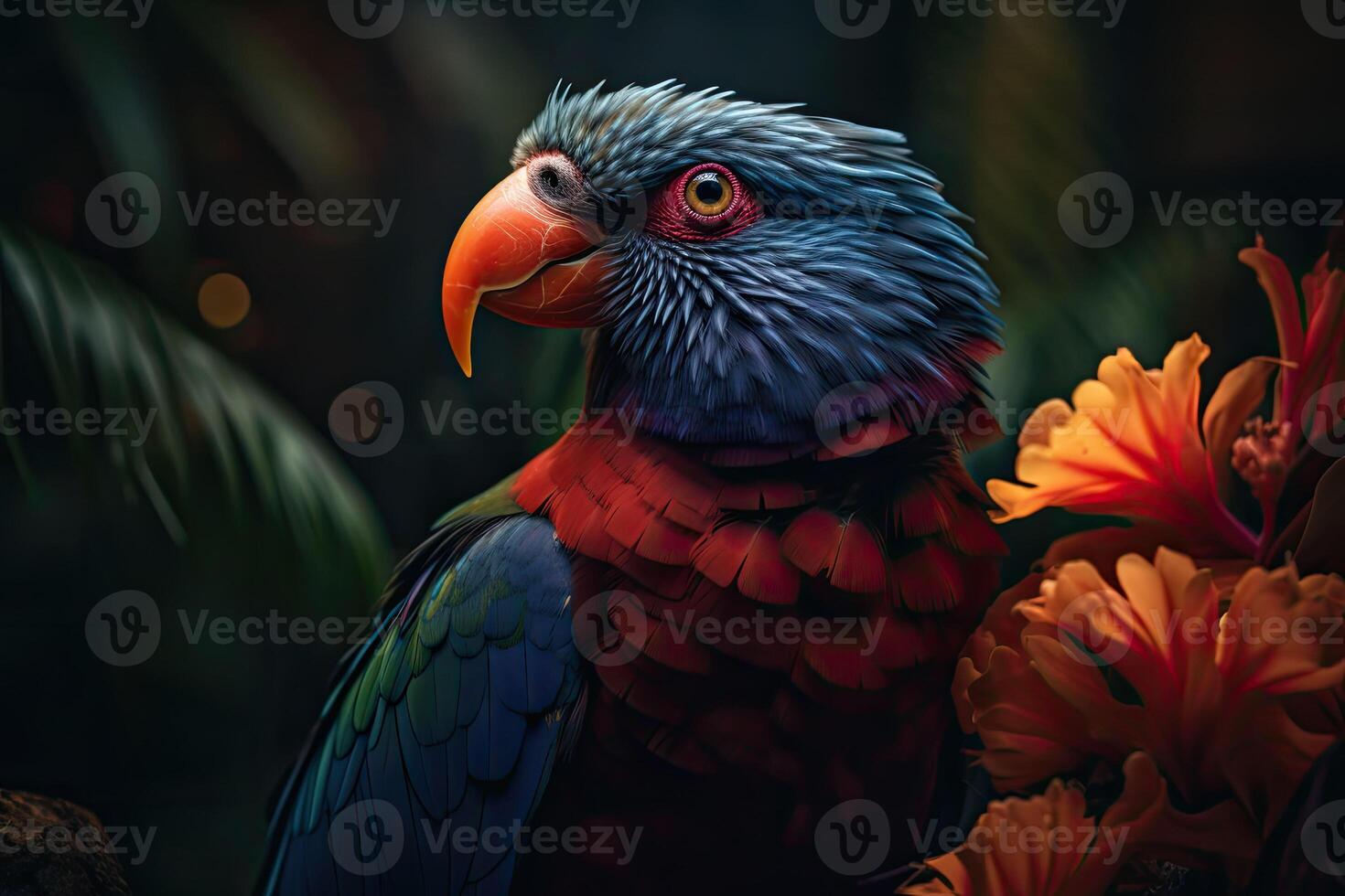 Colored tropical bird and beautiful surreal flowers. photo