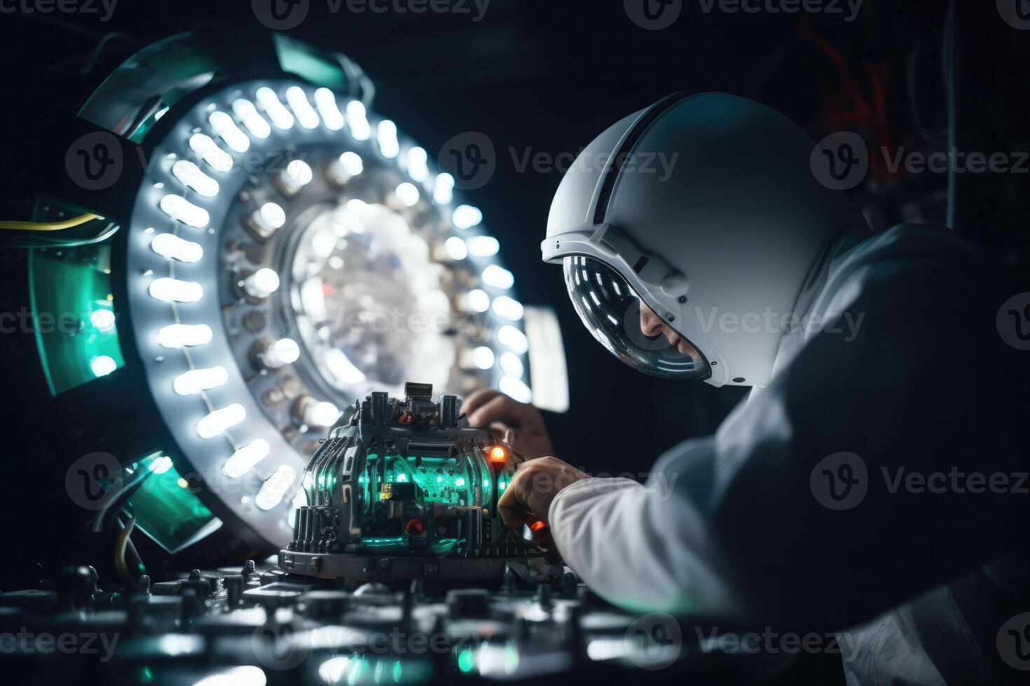 An astronaut is fixing a spacecraft. Spaceman repairs the damage in a spaceship. photo