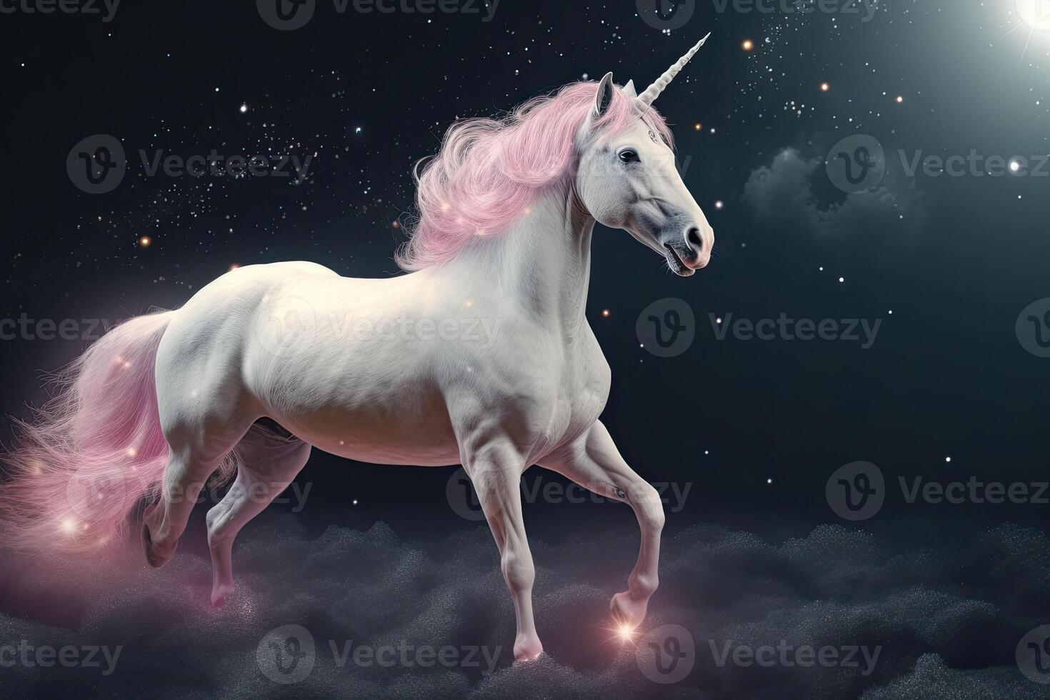 The unicorn with a pink mane and tail in a magical space. photo