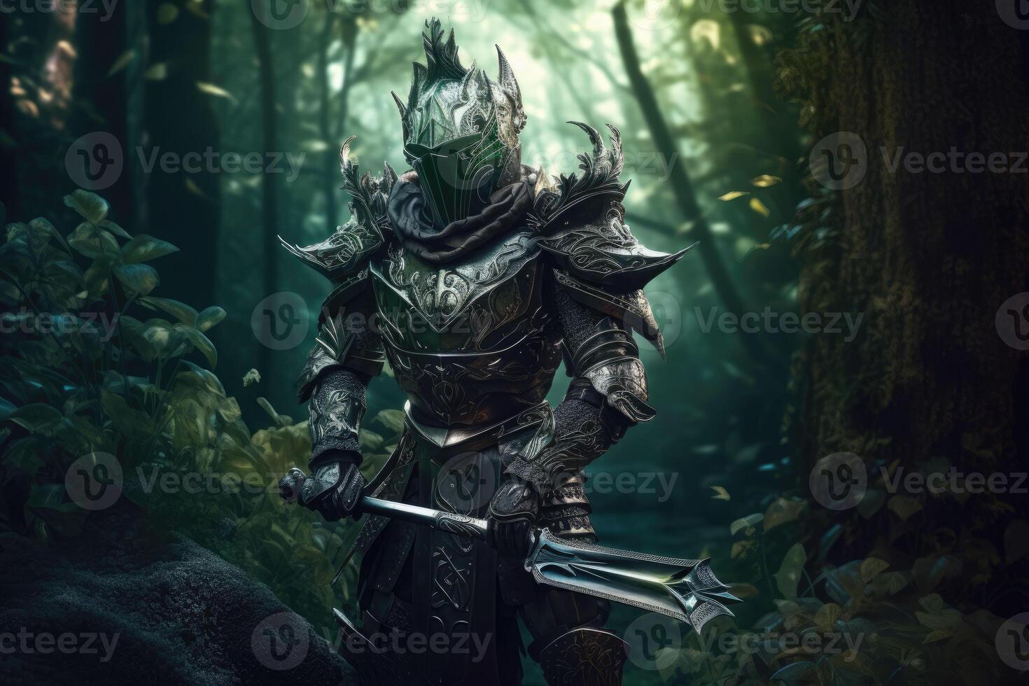 Fantasy knight with old armor in the ancient forest. photo